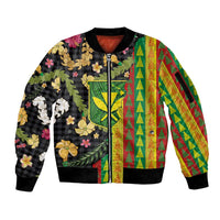 Hawaiian Tropical Plants Lei Sleeve Zip Bomber Jacket Kanaka Maoli Tribal with Palaka Motifs - Polynesian Pride