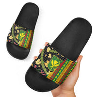 Hawaiian Tropical Plants Lei Slide Sandals Kanaka Maoli Tribal with Palaka Motifs - Polynesian Pride
