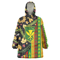 Hawaiian Tropical Plants Lei Wearable Blanket Hoodie Kanaka Maoli Tribal with Palaka Motifs - Polynesian Pride