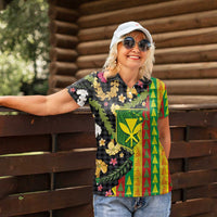 Hawaiian Tropical Plants Lei Women Polo Shirt Kanaka Maoli Tribal with Palaka Motifs - Polynesian Pride