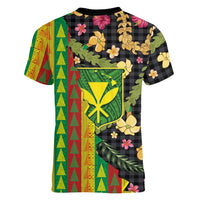 Hawaiian Tropical Plants Lei Women V-Neck T-Shirt Kanaka Maoli Tribal with Palaka Motifs - Polynesian Pride