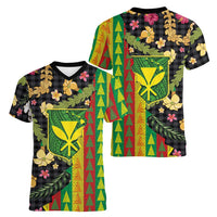 Hawaiian Tropical Plants Lei Women V-Neck T-Shirt Kanaka Maoli Tribal with Palaka Motifs - Polynesian Pride