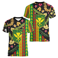 Hawaiian Tropical Plants Lei Women V-Neck T-Shirt Kanaka Maoli Tribal with Palaka Motifs - Polynesian Pride
