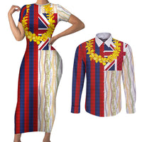 Hawaiian Tropical Plants Lei Couples Matching Short Sleeve Bodycon Dress and Long Sleeve Button Shirt National Flag Style - Polynesian Pride