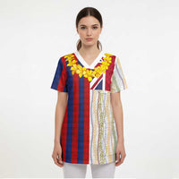 Hawaiian Tropical Plants Lei Scrub Top National Flag Style LT03 - Polynesian Pride