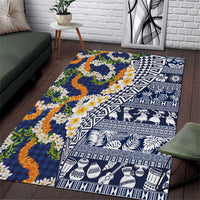 Hawaiian Plumeria Lei Area Rug Kakau Motifs and Palaka Half Style Blue Color - Polynesian Pride