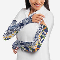 Hawaiian Plumeria Lei Arm Sleeves Kakau Motifs and Palaka Half Style Blue Color LT03 - Polynesian Pride