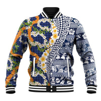 Hawaiian Plumeria Lei Baseball Jacket Kakau Motifs and Palaka Half Style Blue Color LT03 Unisex Blue - Polynesian Pride