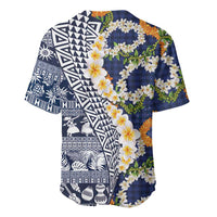 Hawaiian Plumeria Lei Baseball Jersey Kakau Motifs and Palaka Half Style Blue Color LT03 - Polynesian Pride