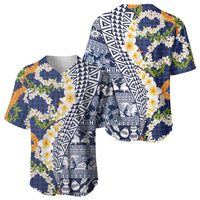 Hawaiian Plumeria Lei Baseball Jersey Kakau Motifs and Palaka Half Style Blue Color LT03 - Polynesian Pride