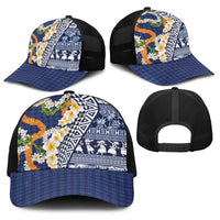 Hawaiian Plumeria Lei Baseball Net Cap Kakau Motifs and Palaka Half Style Blue Color LT03 - Polynesian Pride