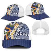 Hawaiian Plumeria Lei Baseball Net Cap Kakau Motifs and Palaka Half Style Blue Color LT03 - Polynesian Pride