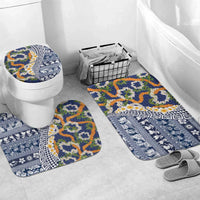 Hawaiian Plumeria Lei Bathroom Set Kakau Motifs and Palaka Half Style Blue Color LT03 Mat Set Only (3 pcs) One Size Blue - Polynesian Pride