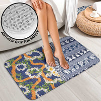 Hawaiian Plumeria Lei Bathroom Set Kakau Motifs and Palaka Half Style Blue Color LT03 - Polynesian Pride