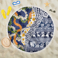 Hawaiian Plumeria Lei Beach Blanket Kakau Motifs and Palaka Half Style Blue Color - Polynesian Pride