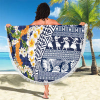 Hawaiian Plumeria Lei Beach Blanket Kakau Motifs and Palaka Half Style Blue Color - Polynesian Pride