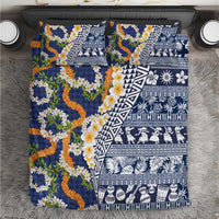 Hawaiian Plumeria Lei Bedding Set Kakau Motifs and Palaka Half Style Blue Color - Polynesian Pride