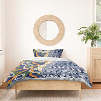 Hawaiian Plumeria Lei Bedding Set Kakau Motifs and Palaka Half Style Blue Color - Polynesian Pride