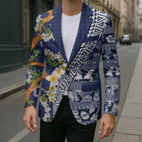 Hawaiian Plumeria Lei Blazer Kakau Motifs and Palaka Half Style Blue Color - Polynesian Pride