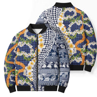 Hawaiian Plumeria Lei Bomber Puffer Jacket Kakau Motifs and Palaka Half Style Blue Color LT03 - Polynesian Pride
