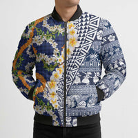 Hawaiian Plumeria Lei Bomber Puffer Jacket Kakau Motifs and Palaka Half Style Blue Color LT03 - Polynesian Pride