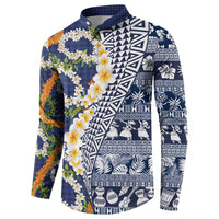 Hawaiian Plumeria Lei Button Sweatshirt Kakau Motifs and Palaka Half Style Blue Color LT03 - Polynesian Pride