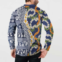 Hawaiian Plumeria Lei Button Sweatshirt Kakau Motifs and Palaka Half Style Blue Color LT03 - Polynesian Pride