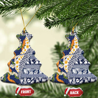 Hawaiian Plumeria Lei Ceramic Ornament Kakau Motifs and Palaka Half Style Blue Color - Polynesian Pride