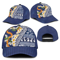 Hawaiian Plumeria Lei Classic Cap Kakau Motifs and Palaka Half Style Blue Color LT03 - Polynesian Pride