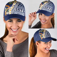 Hawaiian Plumeria Lei Classic Cap Kakau Motifs and Palaka Half Style Blue Color LT03 - Polynesian Pride