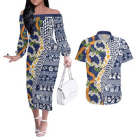 Hawaiian Plumeria Lei Couples Matching Off The Shoulder Long Sleeve Dress and Hawaiian Shirt Kakau Motifs and Palaka Half Style Blue Color - Polynesian Pride
