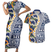 Hawaiian Plumeria Lei Couples Matching Short Sleeve Bodycon Dress and Hawaiian Shirt Kakau Motifs and Palaka Half Style Blue Color - Polynesian Pride