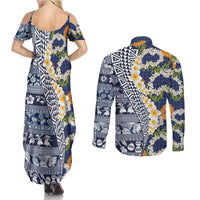 Hawaiian Plumeria Lei Couples Matching Summer Maxi Dress and Long Sleeve Button Shirt Kakau Motifs and Palaka Half Style Blue Color - Polynesian Pride