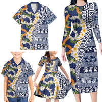 Hawaiian Plumeria Lei Family Matching Long Sleeve Bodycon Dress and Hawaiian Shirt Kakau Motifs and Palaka Half Style Blue Color - Polynesian Pride