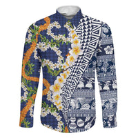 Hawaiian Plumeria Lei Family Matching Long Sleeve Bodycon Dress and Hawaiian Shirt Kakau Motifs and Palaka Half Style Blue Color - Polynesian Pride