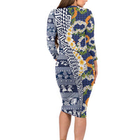 Hawaiian Plumeria Lei Family Matching Long Sleeve Bodycon Dress and Hawaiian Shirt Kakau Motifs and Palaka Half Style Blue Color - Polynesian Pride