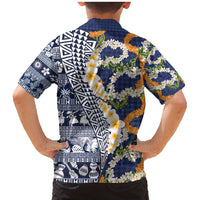 Hawaiian Plumeria Lei Family Matching Mermaid Dress and Hawaiian Shirt Kakau Motifs and Palaka Half Style Blue Color - Polynesian Pride