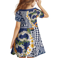 Hawaiian Plumeria Lei Family Matching Mermaid Dress and Hawaiian Shirt Kakau Motifs and Palaka Half Style Blue Color - Polynesian Pride