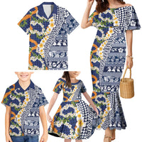 Hawaiian Plumeria Lei Family Matching Mermaid Dress and Hawaiian Shirt Kakau Motifs and Palaka Half Style Blue Color - Polynesian Pride