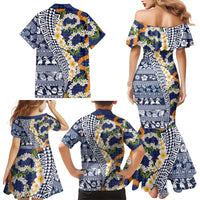 Hawaiian Plumeria Lei Family Matching Mermaid Dress and Hawaiian Shirt Kakau Motifs and Palaka Half Style Blue Color - Polynesian Pride