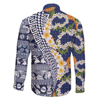 Hawaiian Plumeria Lei Family Matching Mermaid Dress and Hawaiian Shirt Kakau Motifs and Palaka Half Style Blue Color - Polynesian Pride