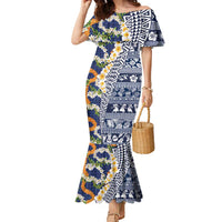 Hawaiian Plumeria Lei Family Matching Mermaid Dress and Hawaiian Shirt Kakau Motifs and Palaka Half Style Blue Color - Polynesian Pride
