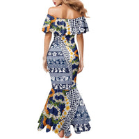 Hawaiian Plumeria Lei Family Matching Mermaid Dress and Hawaiian Shirt Kakau Motifs and Palaka Half Style Blue Color - Polynesian Pride