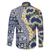 Hawaiian Plumeria Lei Family Matching Off The Shoulder Long Sleeve Dress and Hawaiian Shirt Kakau Motifs and Palaka Half Style Blue Color - Polynesian Pride