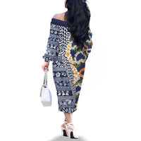 Hawaiian Plumeria Lei Family Matching Off The Shoulder Long Sleeve Dress and Hawaiian Shirt Kakau Motifs and Palaka Half Style Blue Color - Polynesian Pride