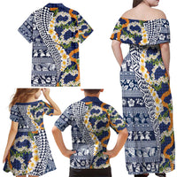 Hawaiian Plumeria Lei Family Matching Off Shoulder Maxi Dress and Hawaiian Shirt Kakau Motifs and Palaka Half Style Blue Color - Polynesian Pride
