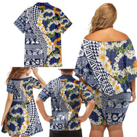 Hawaiian Plumeria Lei Family Matching Off Shoulder Short Dress and Hawaiian Shirt Kakau Motifs and Palaka Half Style Blue Color - Polynesian Pride