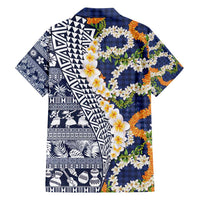 Hawaiian Plumeria Lei Family Matching Off Shoulder Short Dress and Hawaiian Shirt Kakau Motifs and Palaka Half Style Blue Color - Polynesian Pride