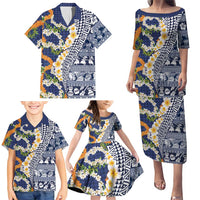 Hawaiian Plumeria Lei Family Matching Puletasi and Hawaiian Shirt Kakau Motifs and Palaka Half Style Blue Color - Polynesian Pride