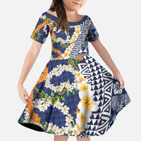 Hawaiian Plumeria Lei Family Matching Short Sleeve Bodycon Dress and Hawaiian Shirt Kakau Motifs and Palaka Half Style Blue Color - Polynesian Pride